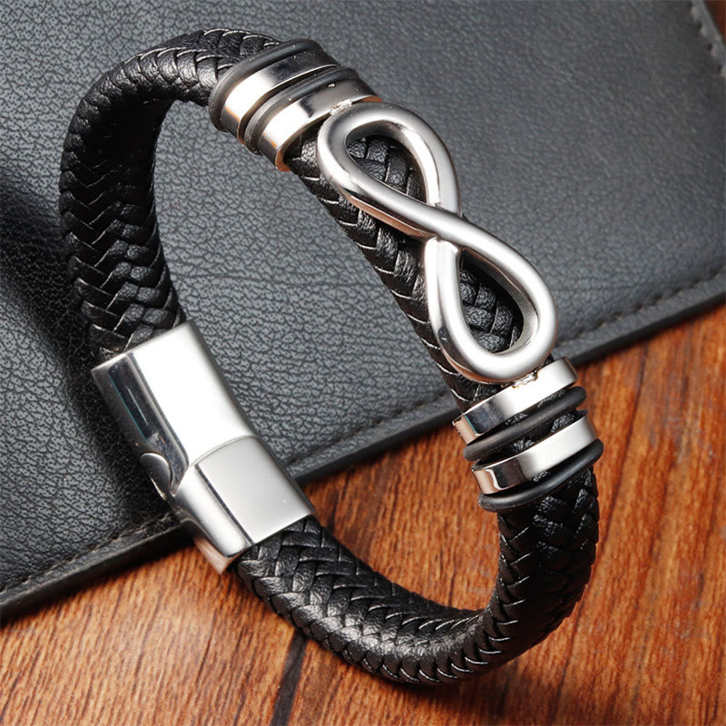 Buddha Stones Endless Knot Design Titanium Steel Strengthen Braided Leather Buckle Bracelet