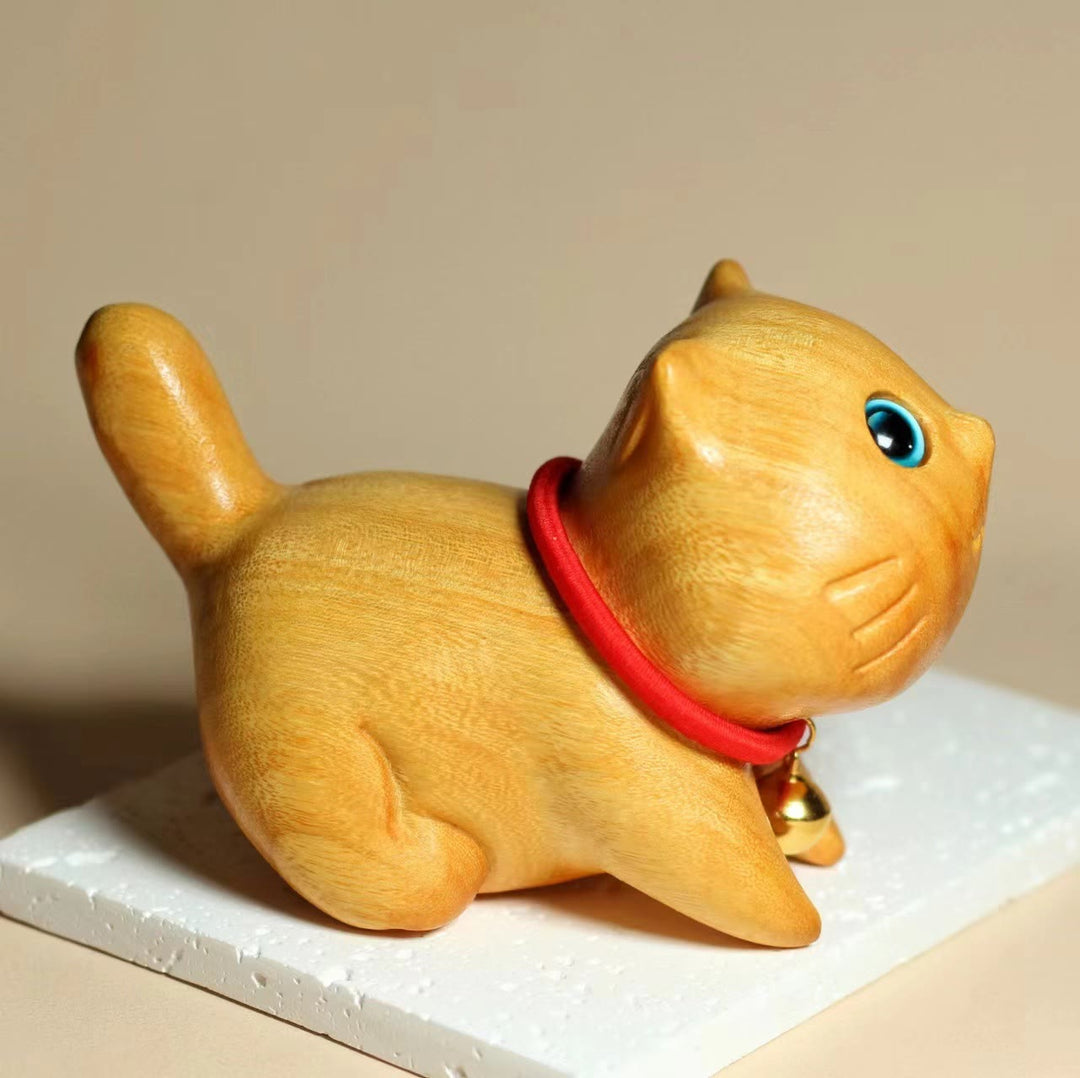 Buddha Stones Mini Sandalwood Carved Lucky Confident Cat Healing Decoration - image 3