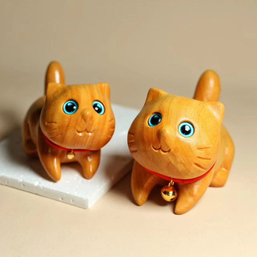 Buddha Stones Mini Sandalwood Carved Lucky Confident Cat Healing Decoration - image 6