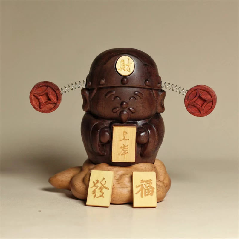 Buddha Stones God Of Wealth Caishen Black Walnut Beech Statue Fu Character Copper Coins Home Decoration