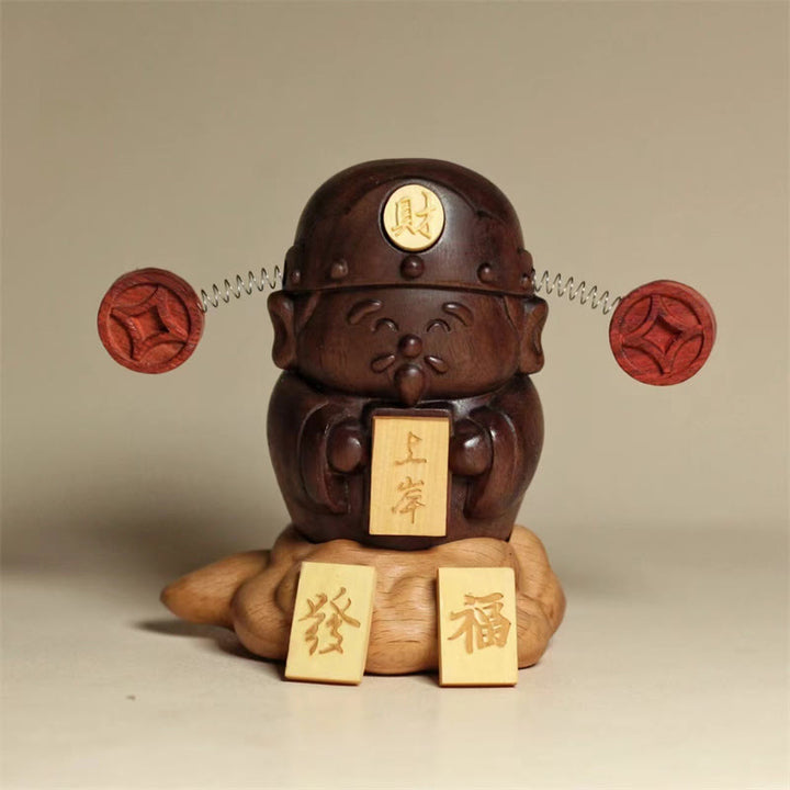 Buddha Stones God Of Wealth Caishen Black Walnut Beech Statue Fu Character Copper Coins Home Decoration