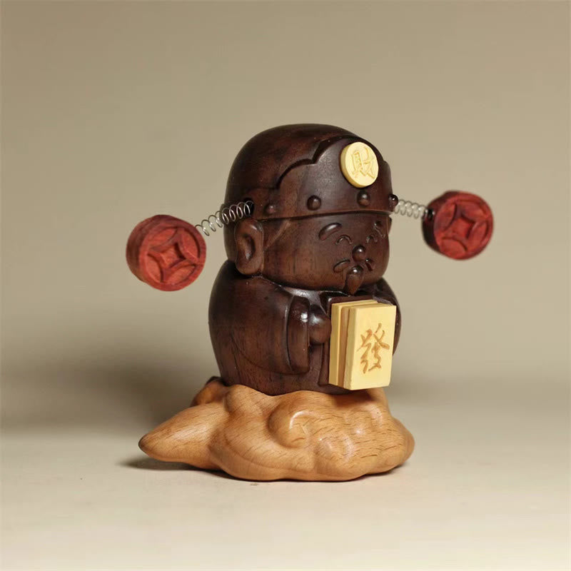 Buddha Stones God Of Wealth Caishen Black Walnut Beech Statue Fu Character Copper Coins Home Decoration