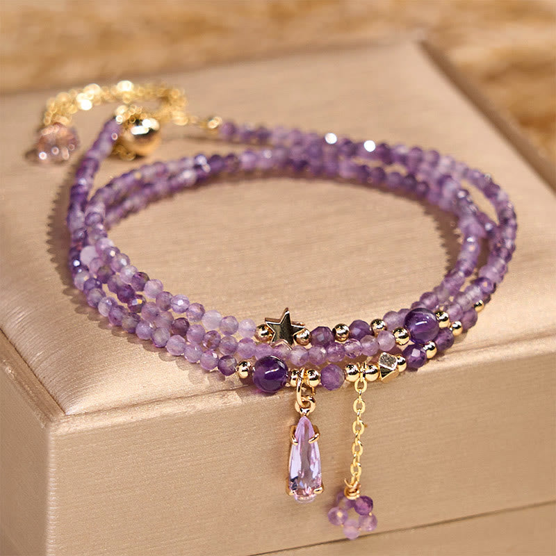 Buddha Stones Natural Amethyst Water Drop Star Meditation Triple Wrap Bracelet