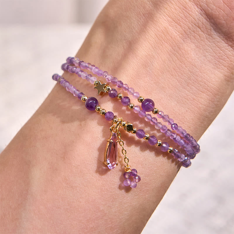 Buddha Stones Natural Amethyst Water Drop Star Meditation Triple Wrap Bracelet