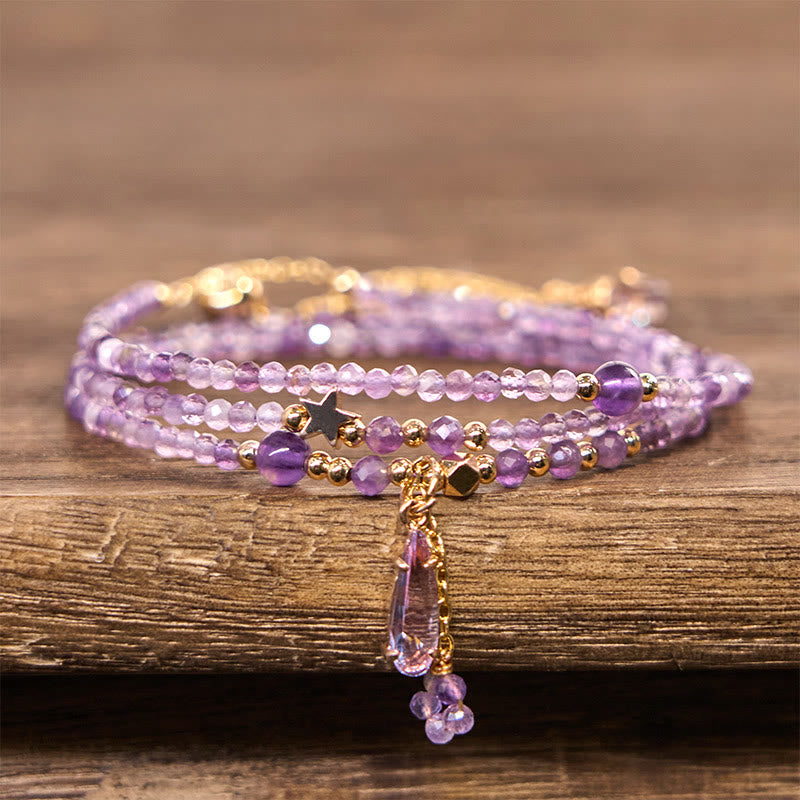 Buddha Stones Natural Amethyst Water Drop Star Meditation Triple Wrap Bracelet