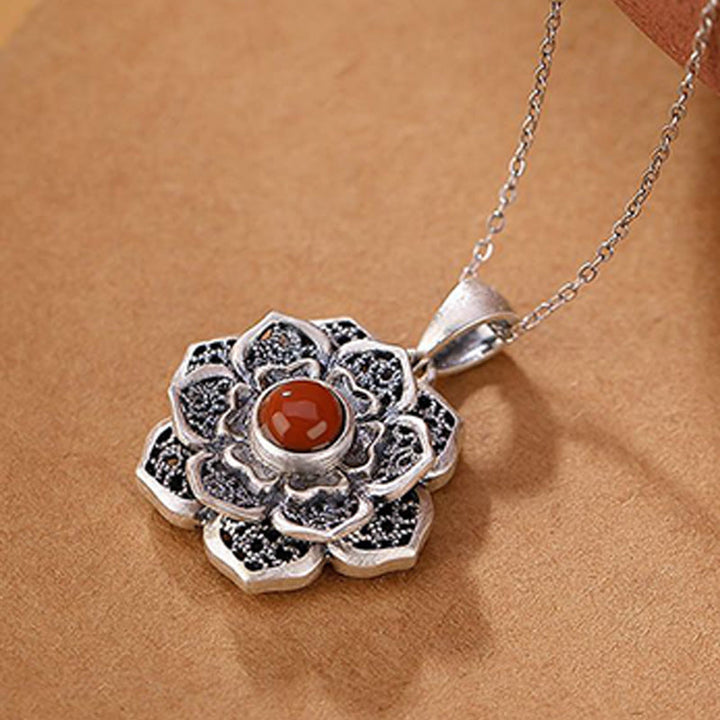 Buddha Stones Tibetan Om Mani Padme Hum Lotus Pattern Red Agate Copper Peave Necklace Pendant - image 9