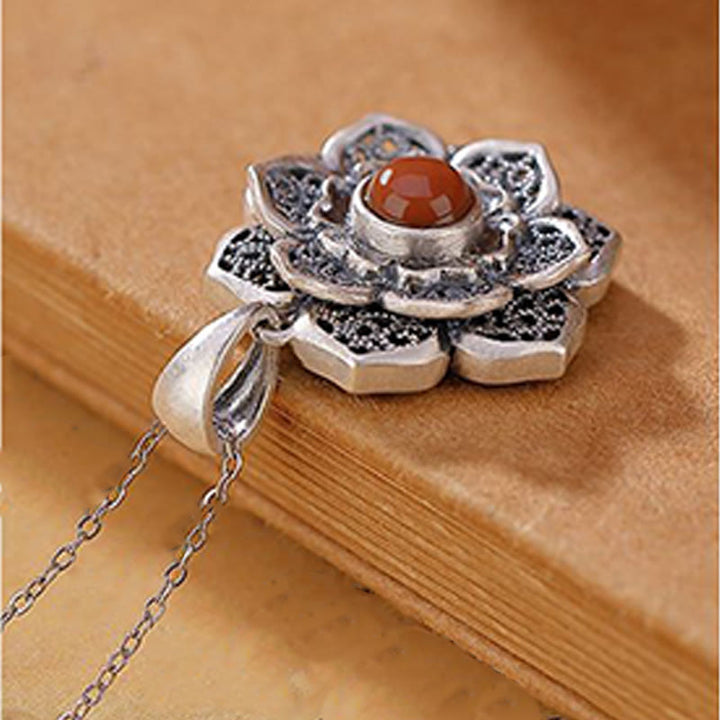 Buddha Stones Tibetan Om Mani Padme Hum Lotus Pattern Red Agate Copper Peave Necklace Pendant - image 3