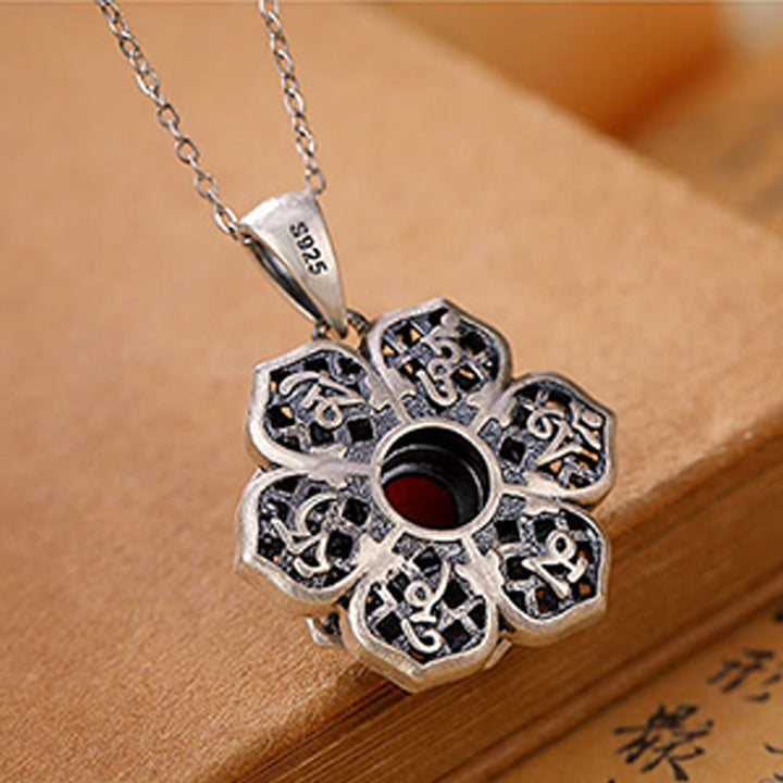 Buddha Stones Tibetan Om Mani Padme Hum Lotus Pattern Red Agate Copper Peave Necklace Pendant - image 4