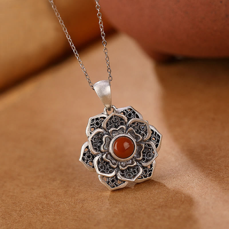 Buddha Stones Tibetan Om Mani Padme Hum Lotus Pattern Red Agate Copper Peave Necklace Pendant - image 2