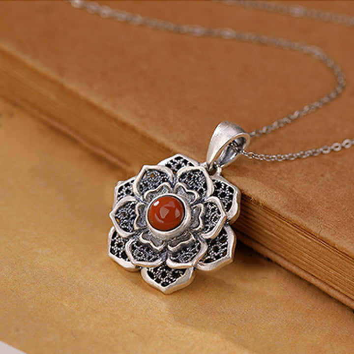 Buddha Stones Tibetan Om Mani Padme Hum Lotus Pattern Red Agate Copper Peave Necklace Pendant - image 10