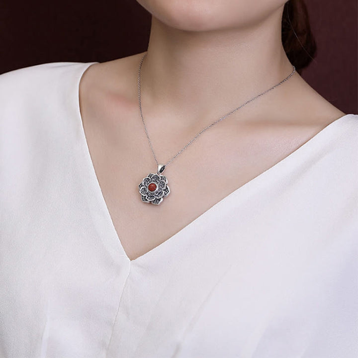 Buddha Stones Tibetan Om Mani Padme Hum Lotus Pattern Red Agate Copper Peave Necklace Pendant - image 5