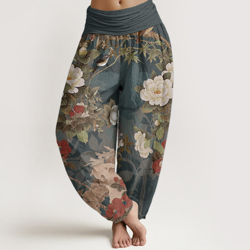 Buddha Stones Pure Cotton Casual Peony Flowers Leaves Magpie Women's Elastic Waist Harem Pants