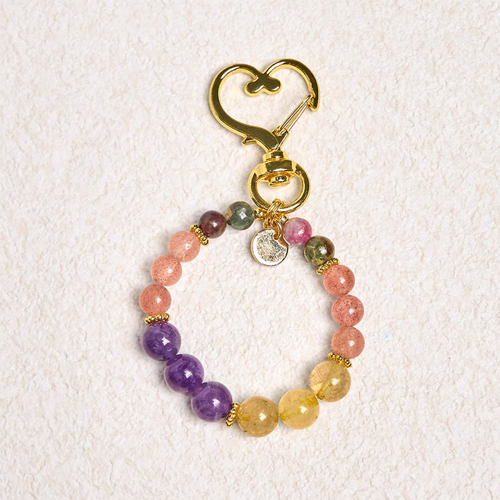 Buddha Stones Natural Strawberry Quartz Amethyst Citrine Beads Love Key Chain Hanging Decoration