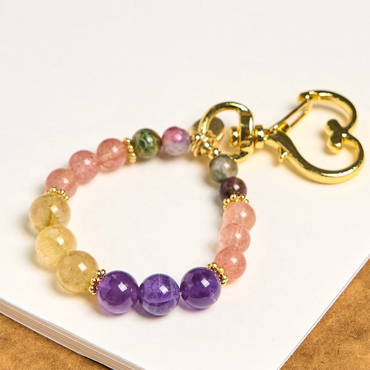 Buddha Stones Natural Strawberry Quartz Amethyst Citrine Beads Love Key Chain Hanging Decoration