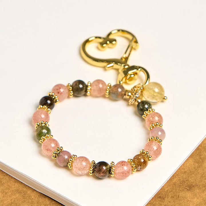 Buddha Stones Natural Strawberry Quartz Crystal Beads Positive Key Chain Phone Hanging Decoration