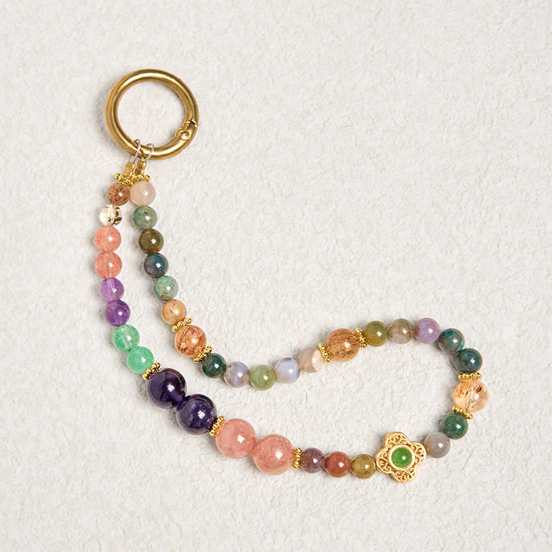 Buddha Stones Natural Tourmaline Strawberry Quartz Amethyst Positive Key Chain Phone Hanging Decoration
