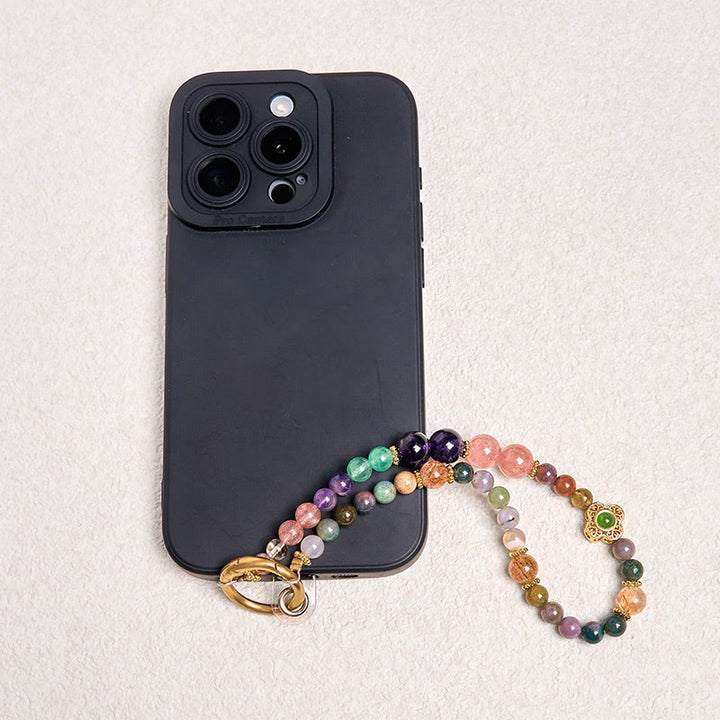 Buddha Stones Natural Tourmaline Strawberry Quartz Amethyst Positive Key Chain Phone Hanging Decoration