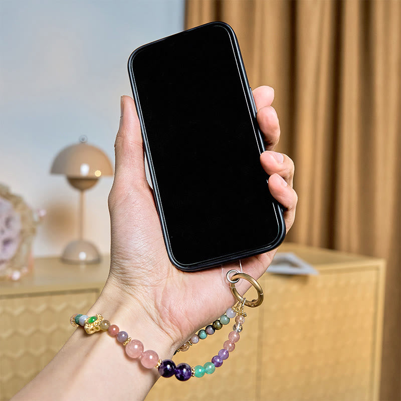 Buddha Stones Natural Tourmaline Strawberry Quartz Amethyst Positive Key Chain Phone Hanging Decoration