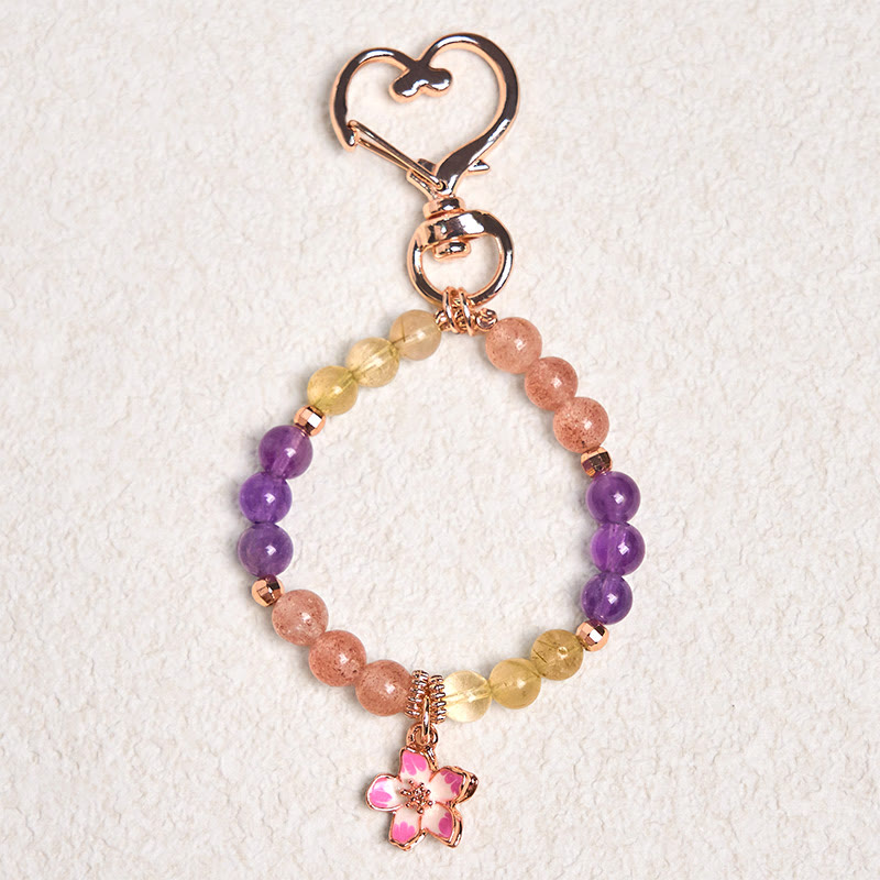 Buddha Stones Natural Strawberry Quartz Amethyst Citrine Love Flower Charm Key Chain Hanging Decoration
