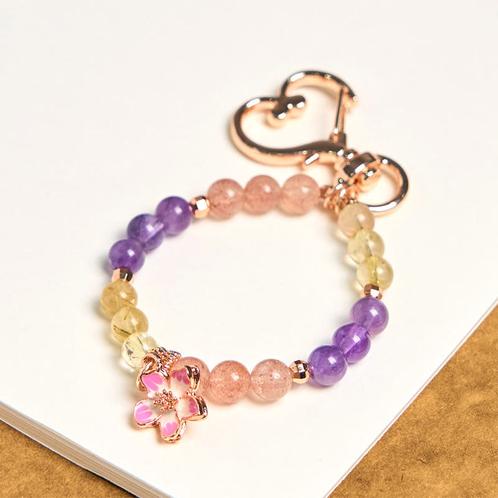 Buddha Stones Natural Strawberry Quartz Amethyst Citrine Love Flower Charm Key Chain Hanging Decoration