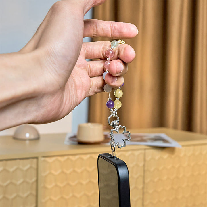 Buddha Stones Natural Strawberry Quartz Amethyst Citrine Aquamarine Flower Key Chain Hanging Decoration