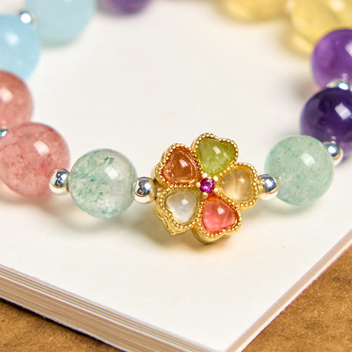 Buddha Stones Natural Strawberry Quartz Amethyst Citrine Aquamarine Flower Key Chain Hanging Decoration