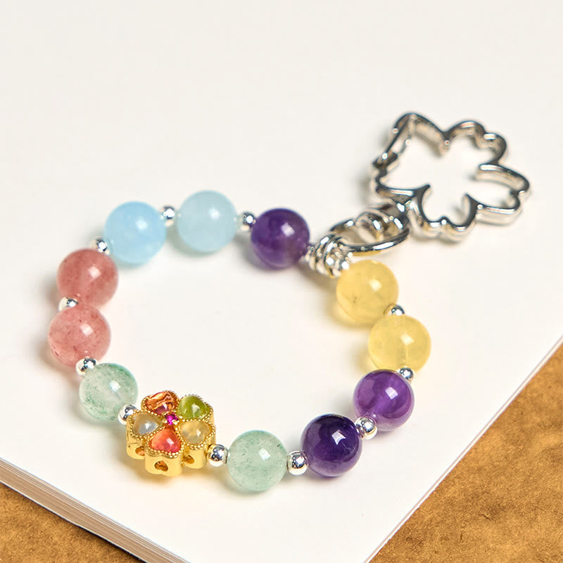 Buddha Stones Natural Strawberry Quartz Amethyst Citrine Aquamarine Flower Key Chain Hanging Decoration
