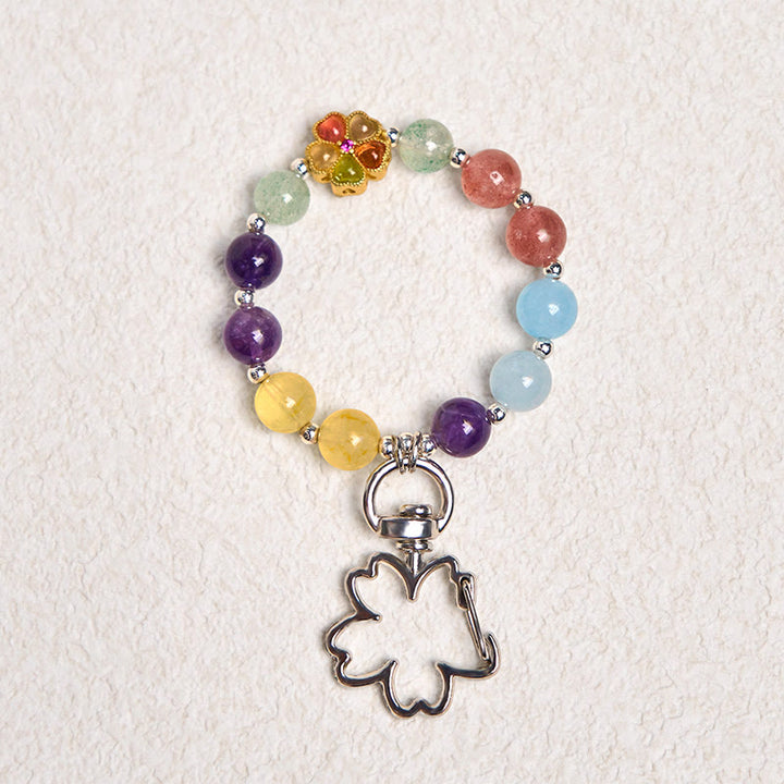 Buddha Stones Natural Strawberry Quartz Amethyst Citrine Aquamarine Flower Key Chain Hanging Decoration