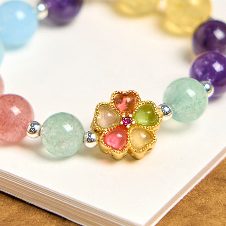 Buddha Stones Natural Strawberry Quartz Amethyst Citrine Aquamarine Flower Key Chain Hanging Decoration