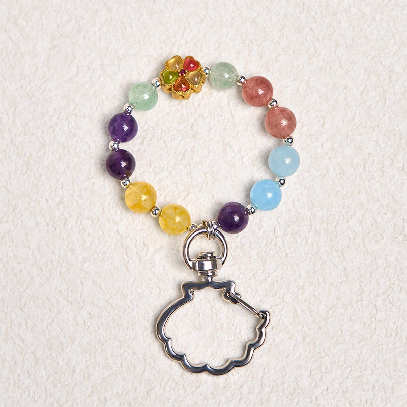 Buddha Stones Natural Strawberry Quartz Amethyst Citrine Aquamarine Flower Key Chain Hanging Decoration