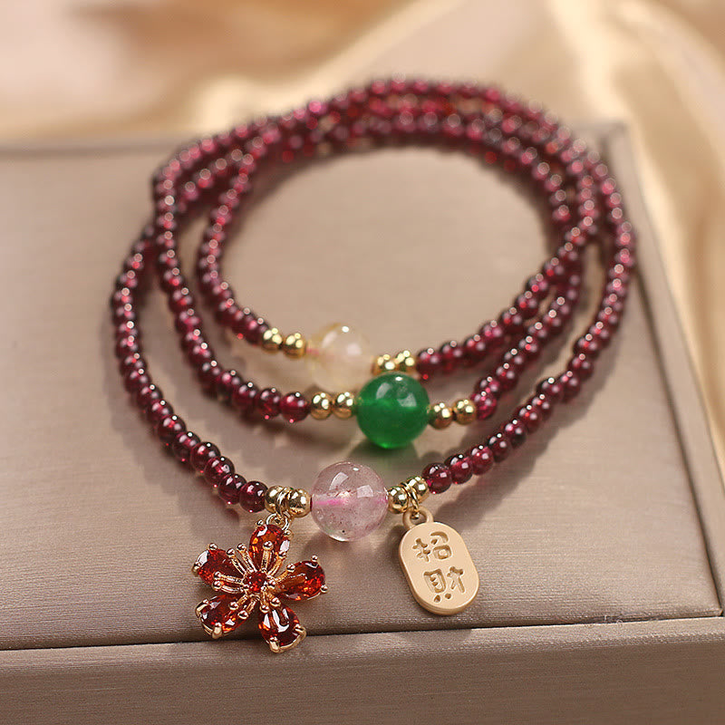 Buddha Stones Natural 3mm Ultra-thin Garnet Beads Cherry Blossom Flower Attract Fortune Protection Multilayer Bracelet