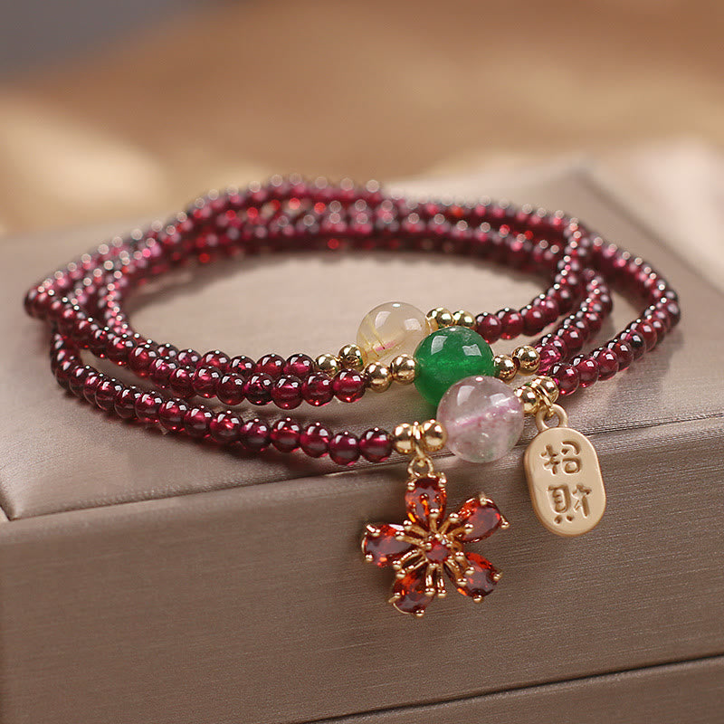 Buddha Stones Natural 3mm Ultra-thin Garnet Beads Cherry Blossom Flower Attract Fortune Protection Multilayer Bracelet