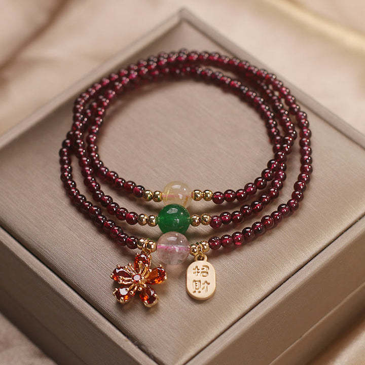 Buddha Stones Natural 3mm Ultra-thin Garnet Beads Cherry Blossom Flower Attract Fortune Protection Multilayer Bracelet