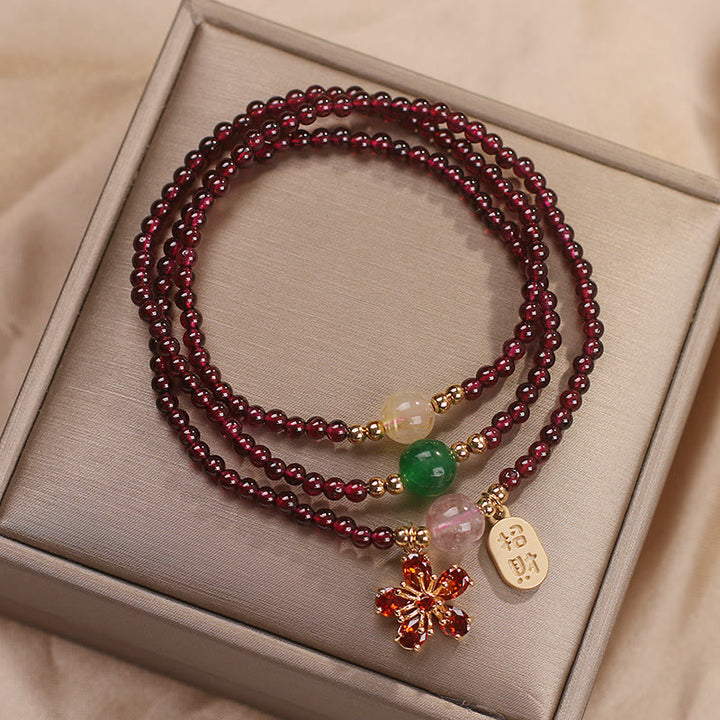 Buddha Stones Natural 3mm Ultra-thin Garnet Beads Cherry Blossom Flower Attract Fortune Protection Multilayer Bracelet