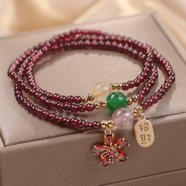 Buddha Stones Natural 3mm Ultra-thin Garnet Beads Cherry Blossom Flower Attract Fortune Protection Multilayer Bracelet