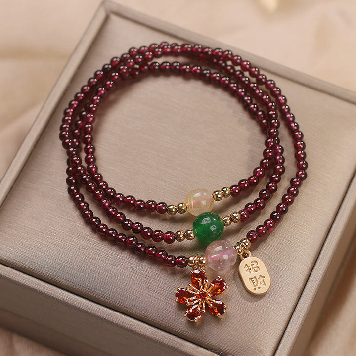 Buddha Stones Natural 3mm Ultra-thin Garnet Beads Cherry Blossom Flower Attract Fortune Protection Multilayer Bracelet