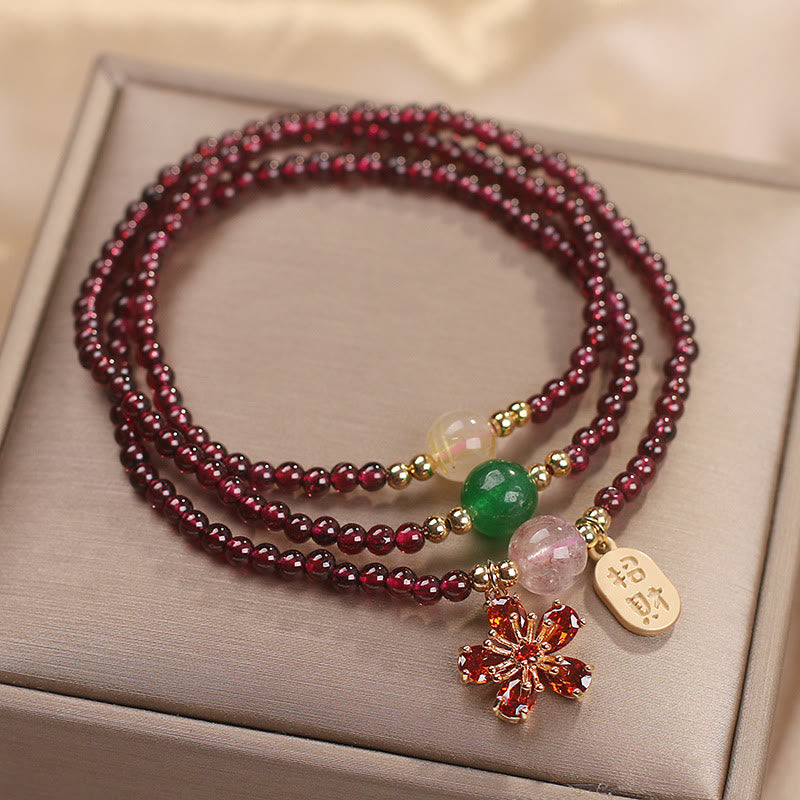 Buddha Stones Natural 3mm Ultra-thin Garnet Beads Cherry Blossom Flower Attract Fortune Protection Multilayer Bracelet