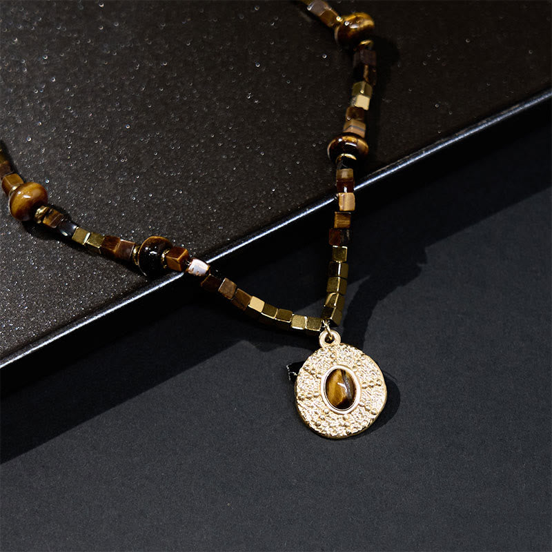 Buddha Stones Natural Tiger Eye Square Protection Titanium Steel Necklace Pendant