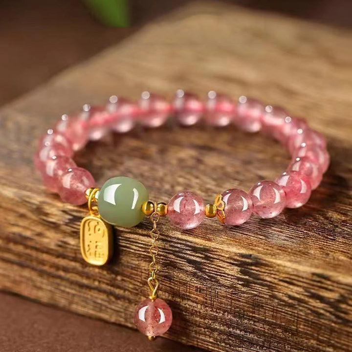 Buddha Stones Natural Strawberry Quartz Fu Character Jade Positive Healing Bracelet