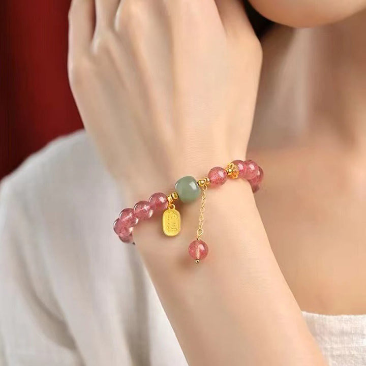 Buddha Stones Natural Strawberry Quartz Fu Character Jade Positive Healing Bracelet