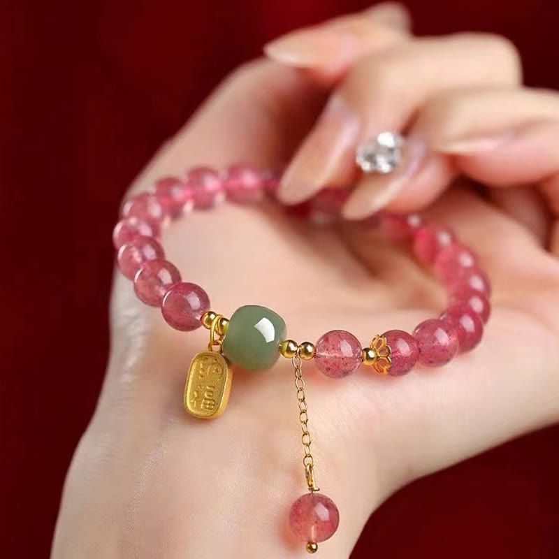 Buddha Stones Natural Strawberry Quartz Fu Character Jade Positive Healing Bracelet