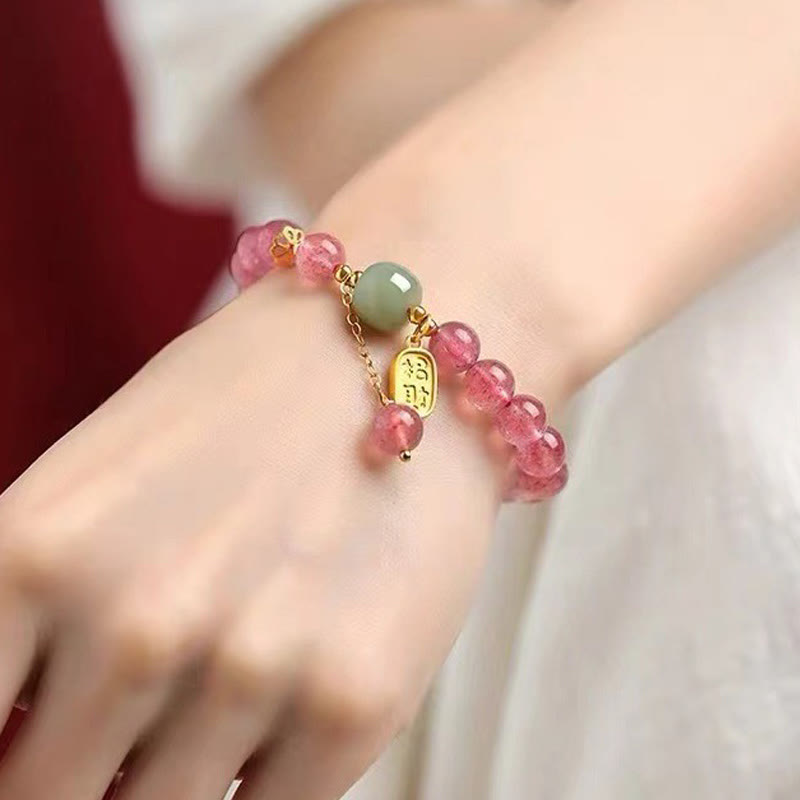 Buddha Stones Natural Strawberry Quartz Fu Character Jade Positive Healing Bracelet