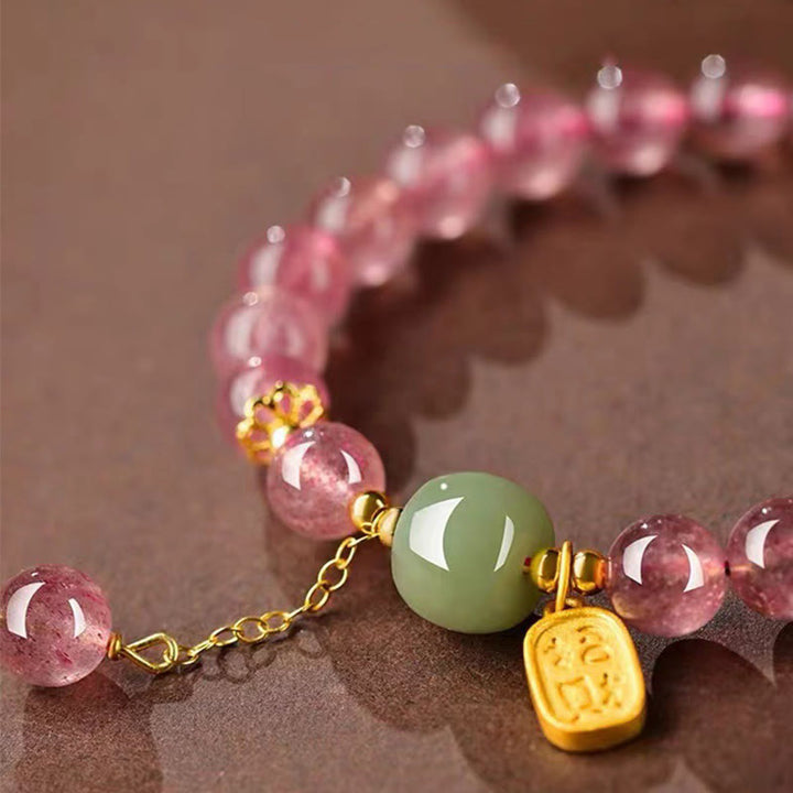 Buddha Stones Natural Strawberry Quartz Fu Character Jade Positive Healing Bracelet