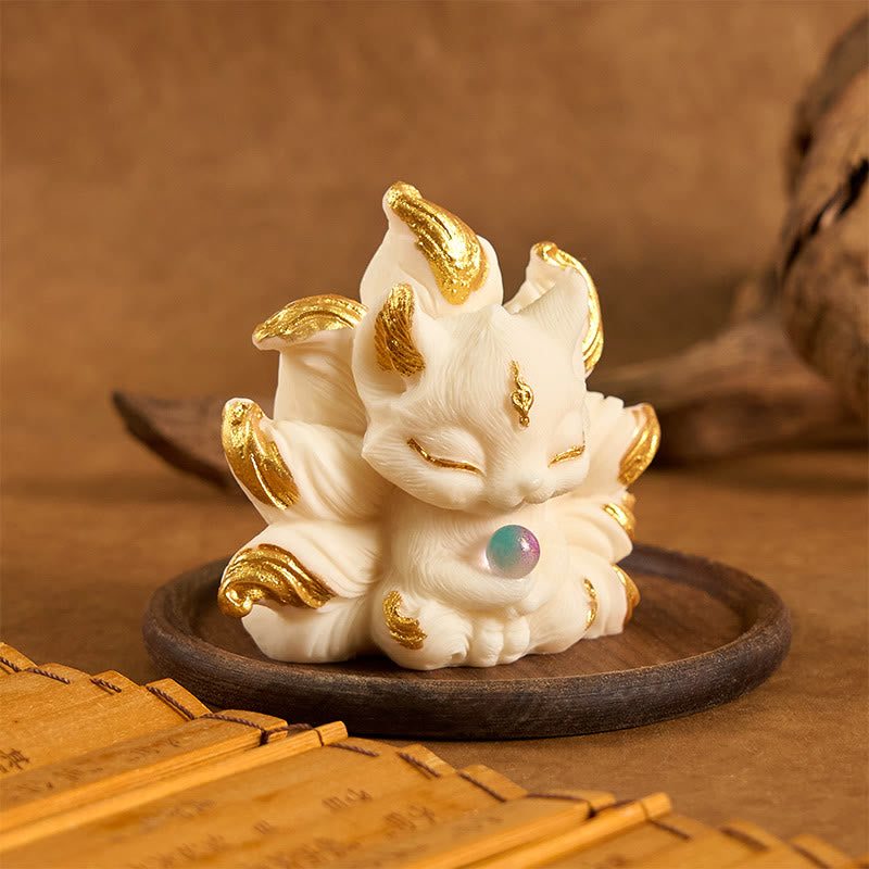 Buddha Stones Small Nine Tailed Fox Carved Ivory Fruit Support Home Decoration