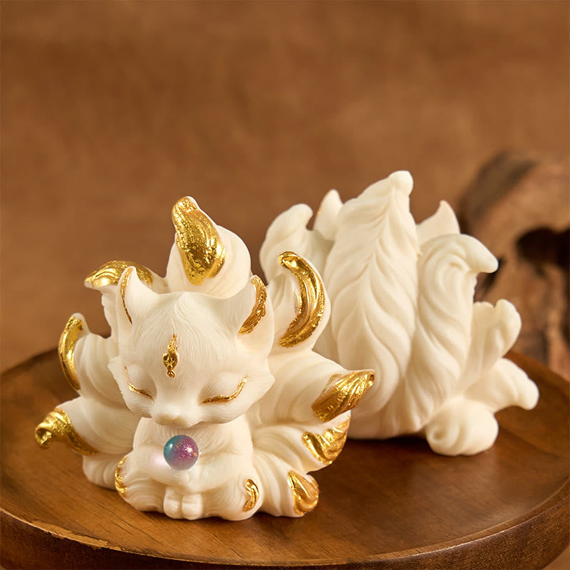 Buddha Stones Small Nine Tailed Fox Carved Ivory Fruit Support Home Decoration