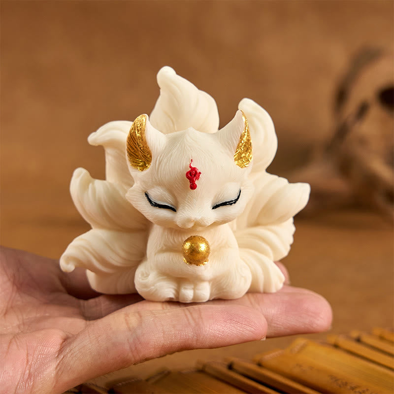 Buddha Stones Small Nine Tailed Fox Carved Ivory Fruit Support Home Decoration