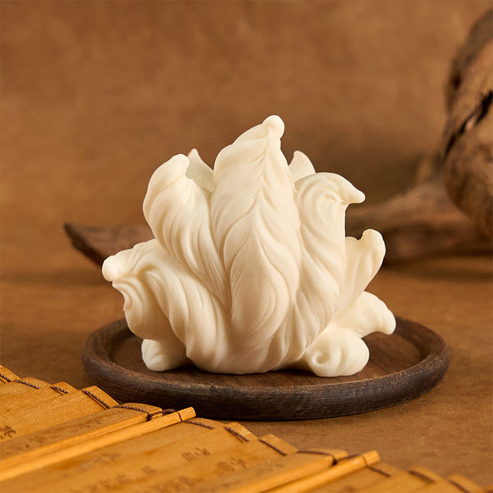 Buddha Stones Small Nine Tailed Fox Carved Ivory Fruit Support Home Decoration