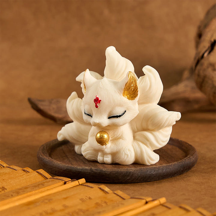 Buddha Stones Small Nine Tailed Fox Carved Ivory Fruit Support Home Decoration