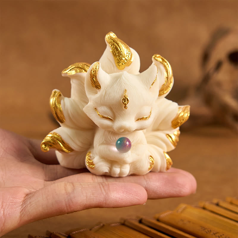 Buddha Stones Small Nine Tailed Fox Carved Ivory Fruit Support Home Decoration