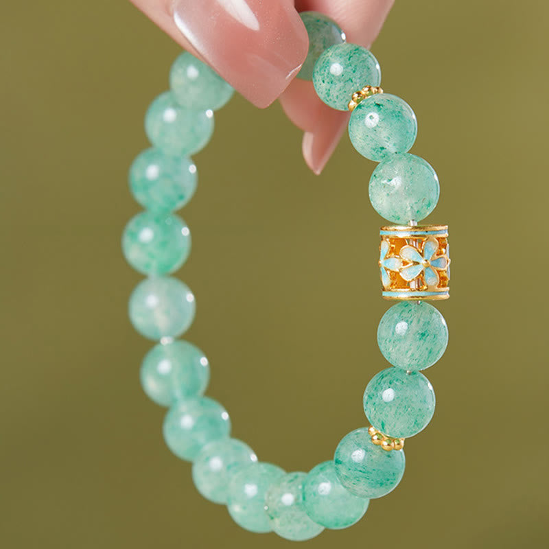 Buddha Stones 925 Sterling Silver Green Strawberry Quartz Flower Calm Bracelet